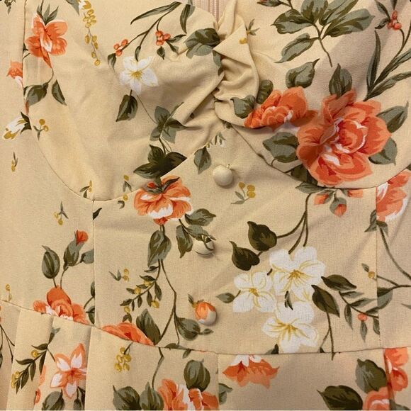 Floral midi dress sweetheart neckline button front puff sleeve feminine Dress XS - Picture 7 of 12